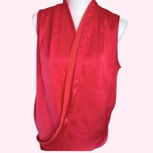 Very J Coral Satin Chiffon Trim Cross Front Wrap Sleeveless Top Pleated Sz L